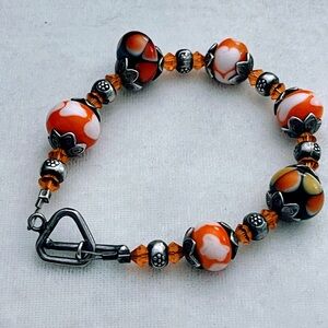 Orange, White & Black Lampwork Glass Beaded Bracelet Modern Floral Art